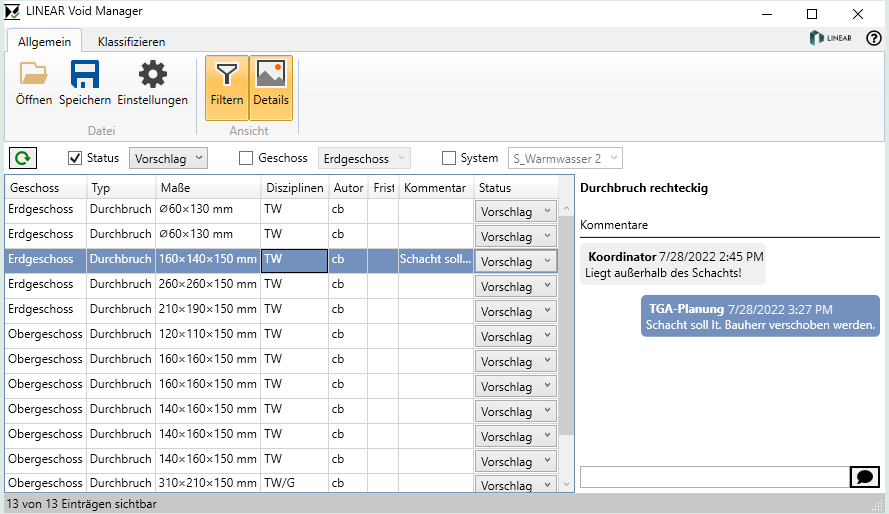 Tab Allgemein Linear Void Manager