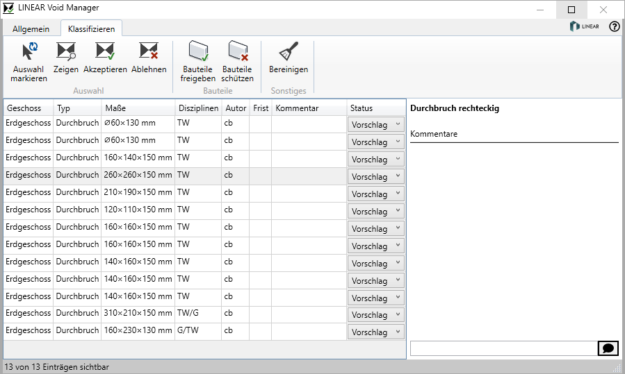 Tab Allgemein Linear Void Manager