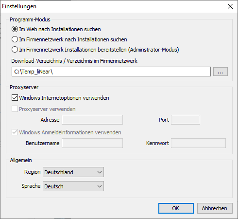 Dialog Einstellungen Linear Installation Center
