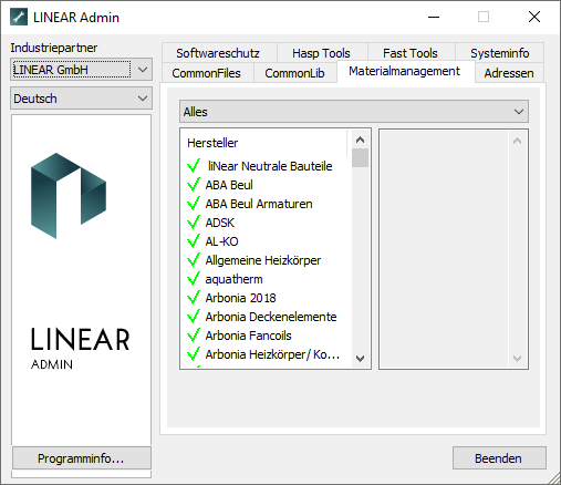 Materialmanagement Tab Linear Admin