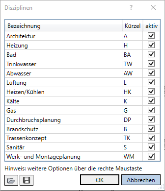 Dialog Disziplinen Linear Revit