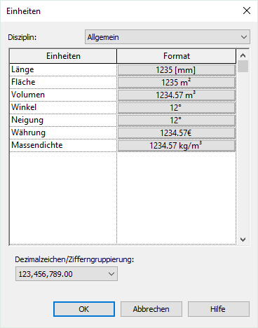 Dialog Einheiten Linear Revit