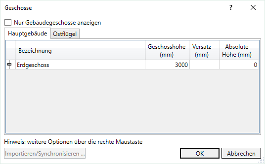 Dialog Geschosse Linear Revit