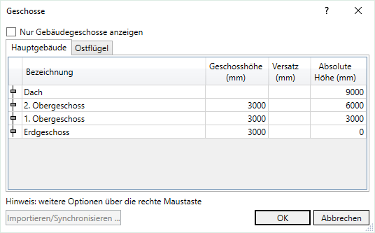 Dialog Geschosse Linear Revit