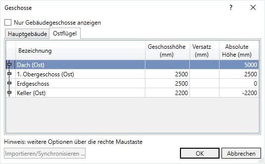 Dialog Geschosse Linear Revit