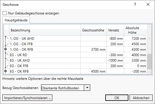 Dialog Geschosse Linear Revit