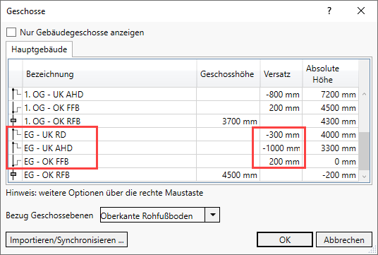 Dialog Geschosse Linear Revit