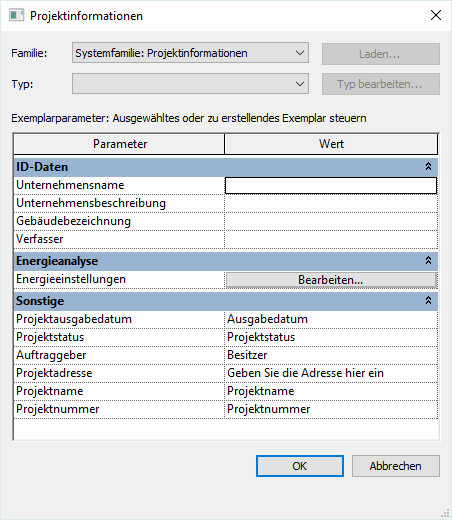 Projektinformationen Dialog Linear Revit