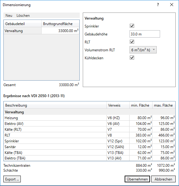 Dialog Dimensionierung Linear Building
