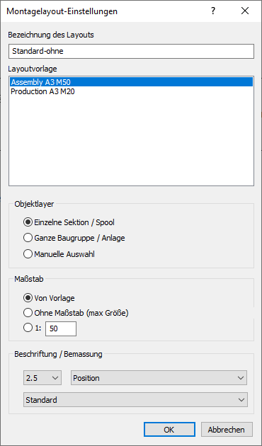 Dialog Montagelayout-Einstellungen in den LINEAR Solutions für Autodesk AutoCAD