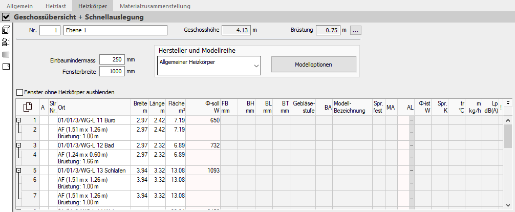 Bereich "Geschossübersicht + Schnellauslegung" in LINEAR Building
