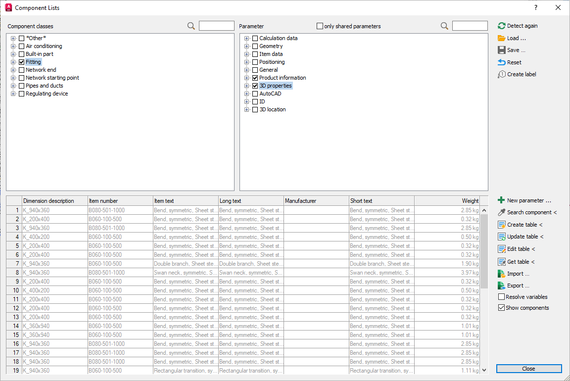 Dialog component lists in the LINEAR Solutions for Autodesk AutoCAD