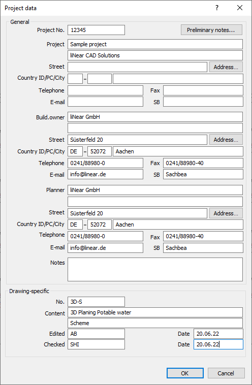 Dialog project data Linear AutoCAD