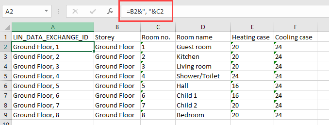 Image of the room book with the “Data Exchange ID” column in Microsoft Excel
