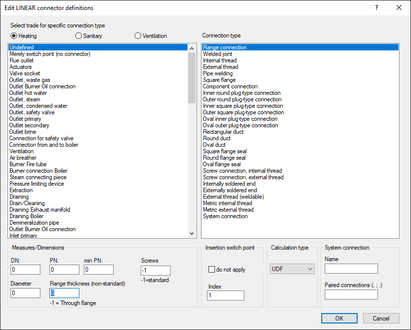 Linear Solutions AutoCAD connection definitions dialog