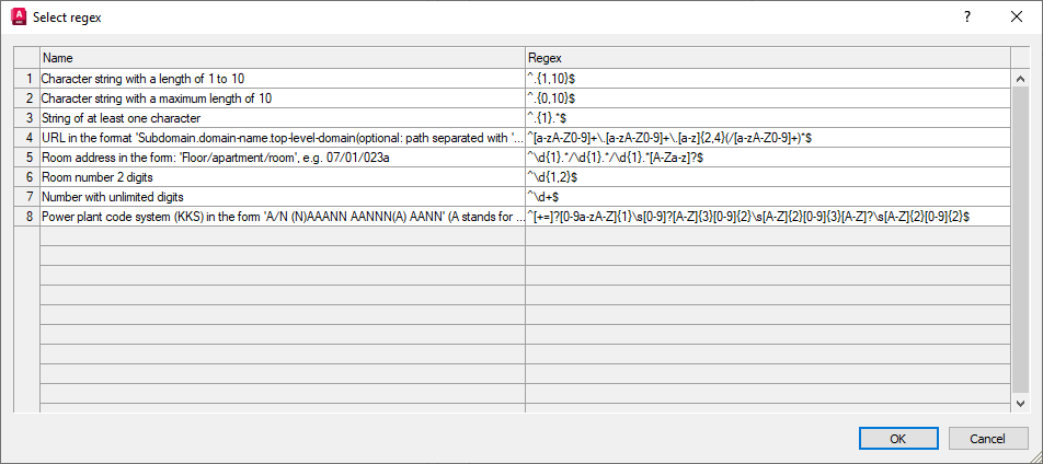 Dialog Select regex in the LINEAR Solutions for Autodesk AutoCAD