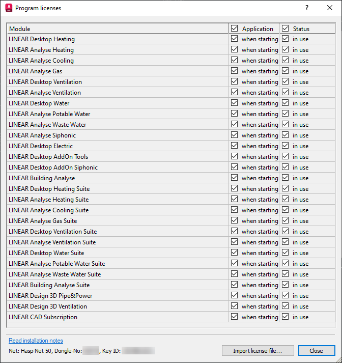 Screenshot of the Program Licenses dialog in LINEAR Solutions for Autodesk AutoCAD