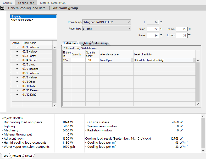 Cooling load edit room groups Linear Building