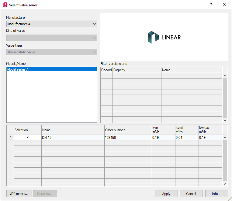 Select valves dialog Linear AutoCAD