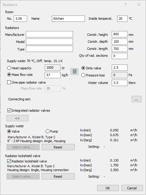 Dialog technical data radiators Linear AutoCAD