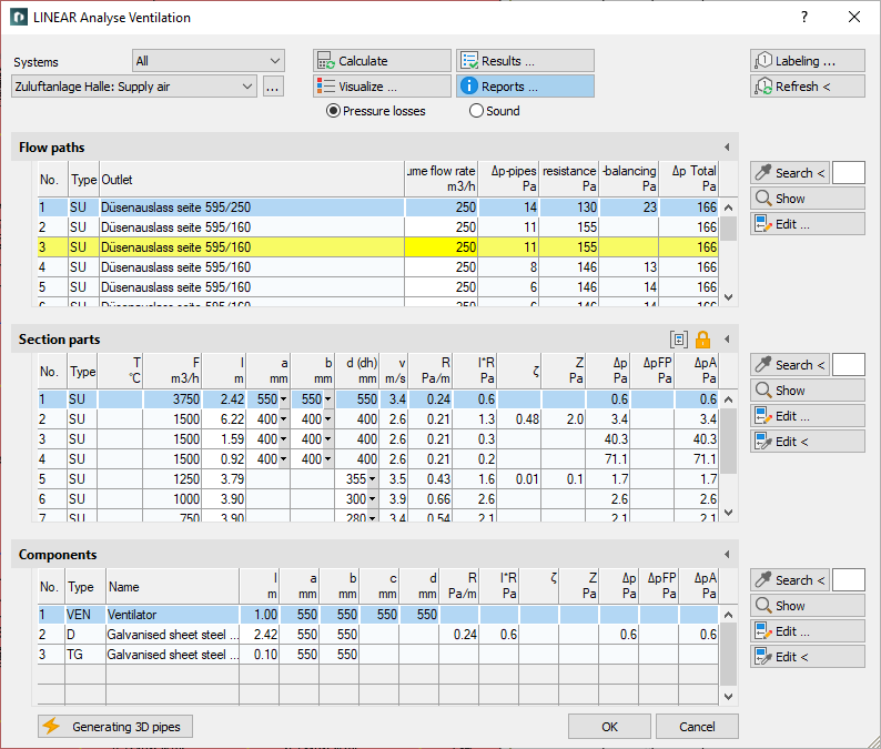 Calculation dialog Analyse Linear AutoCAD
