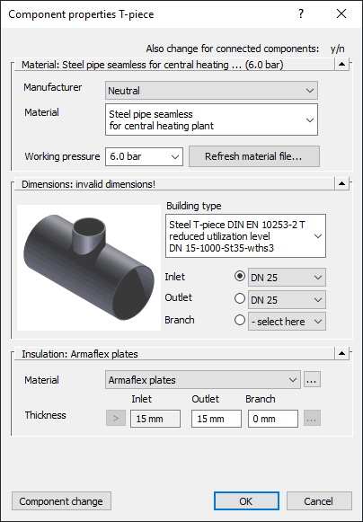 Component properties T-piece dialog - LINEAR Solutions for Autodesk AutoCAD