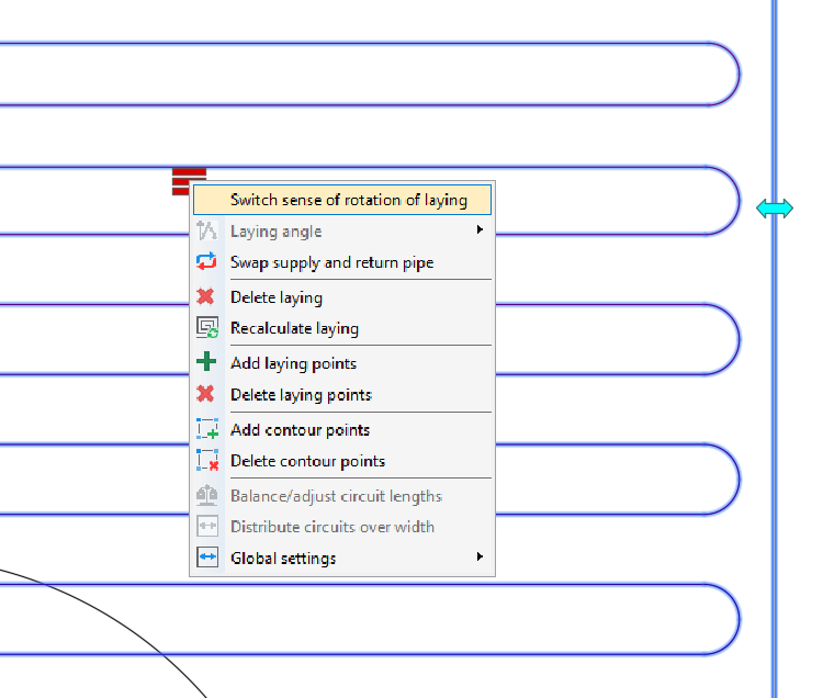 Context menu of heating circuits in the LINEAR Solutions for Autodesk AutoCAD