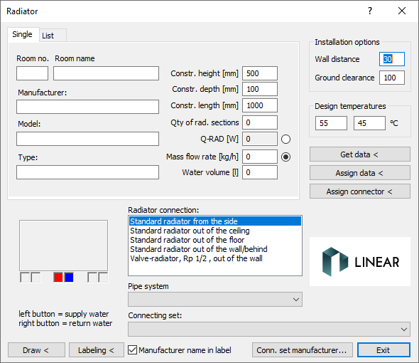 Dialog radiator Linear Revit