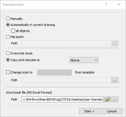 Dialog “Translate texts” in the LINEAR Solutions for Autodesk AutoCAD