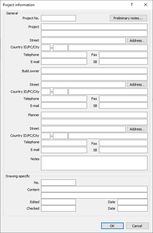 Main dialog project data Linear Revit