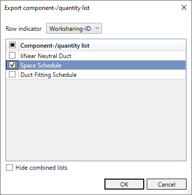 “Export component / quantity lists” dialog in the LINEAR Solutions for Autodesk Revit