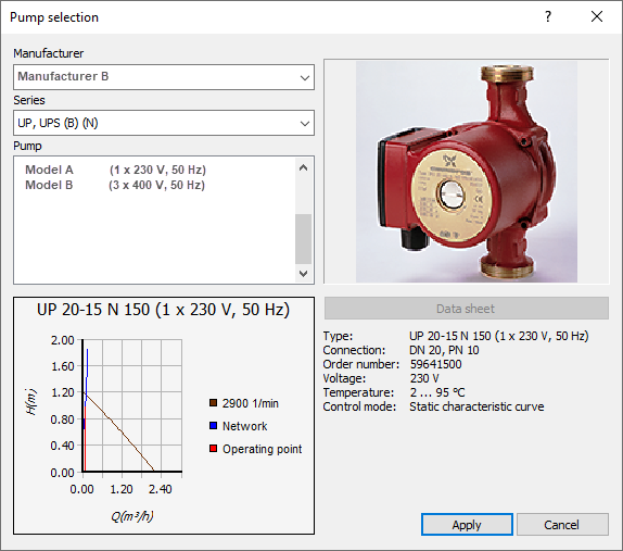 Dialog pump selection Linear Revit