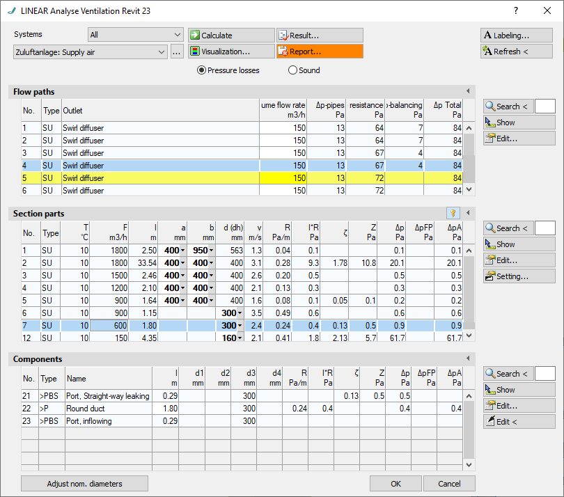 Calculation dialog Analyse Linear Revit