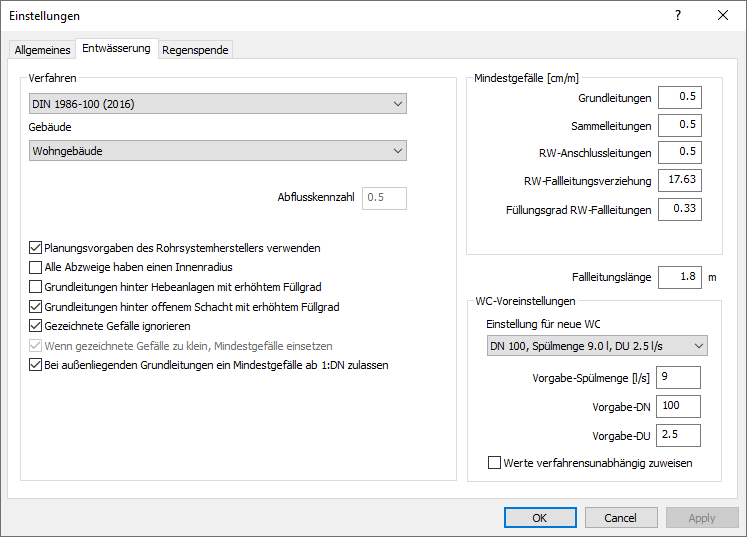 Dialog Einstellungen Entwässerung Linear Revit