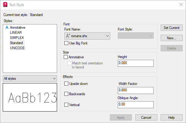 AutoCADDialog text style