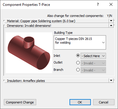 Dialog component properties T-piece Linear Solutions AutoCAD