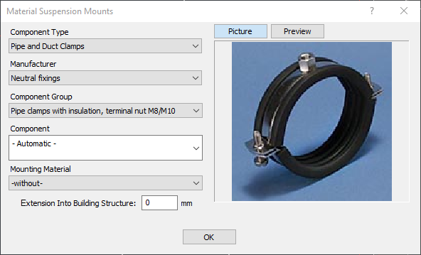 Dialog "Material Suspension Mounts" in the LINEAR Solutions for Autodesk AutoCAD