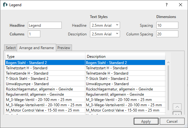 Dialog legend sorting Linear Revit