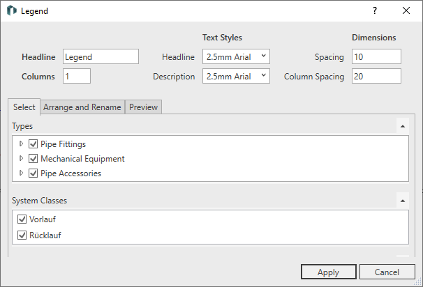 Dialog legend selection Linear Revit