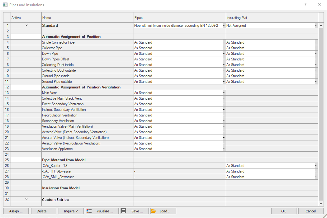 “Pipes and insulation” dialog in LINEAR Solutionsfor Autodes Revit