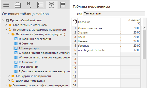 Таблица переменных в основной таблице файлов LINEAR Building