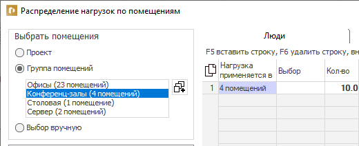 Распределение нагрузок по помещениям LINEAR Building
