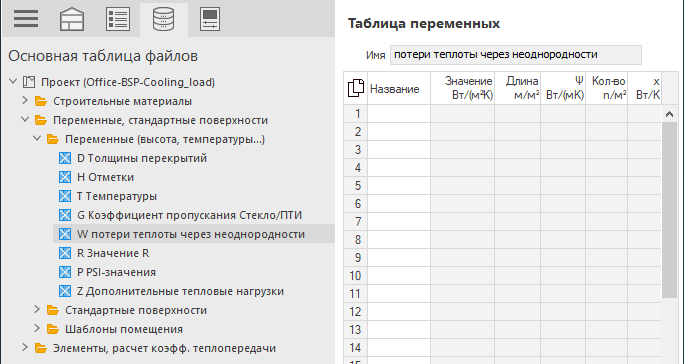 Таблица переменных LINEAR Building