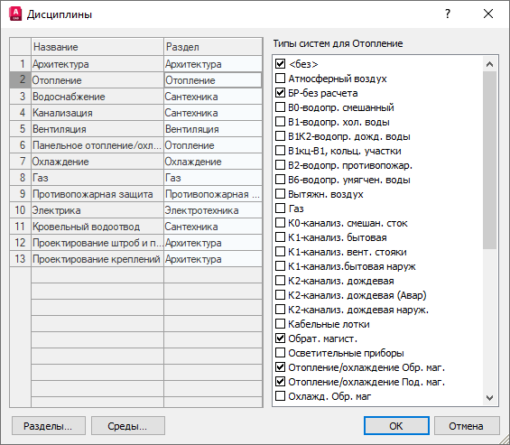 Диалог Дисциплины в LINEAR Solutions для Autodesk AutoCAD