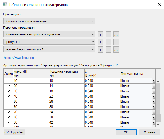 Диалог Таблицы изоляционных материалов LINEAR Revit