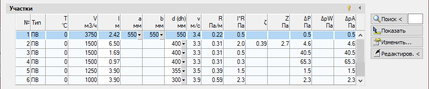 Таблица участков при расчете LINEAR AutoCAD