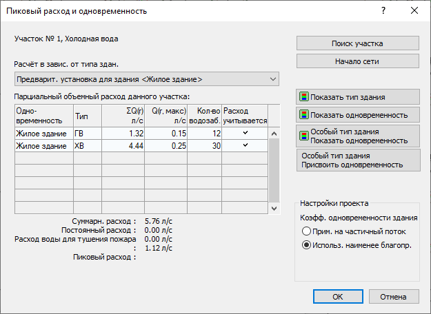 Диалог Пиковый расход LINEAR Revit