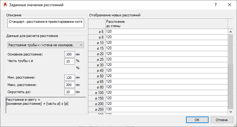 Диалог AutoCAD Заданные значения расстояний для построения труб и каналов