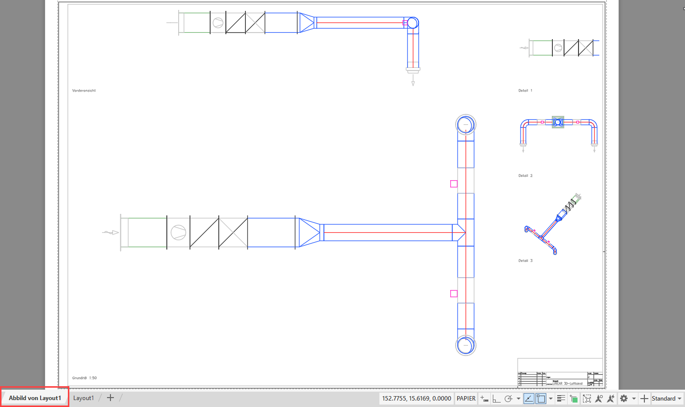 Erzeugtes 2D-Abbild des Layouts in den LINEAR Solutions für Autodesk AutoCAD