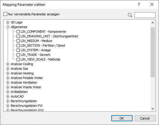 Dialog "Mapping Parameter wählen" in den LINEAR Solutions für Autodesk AutoCAD